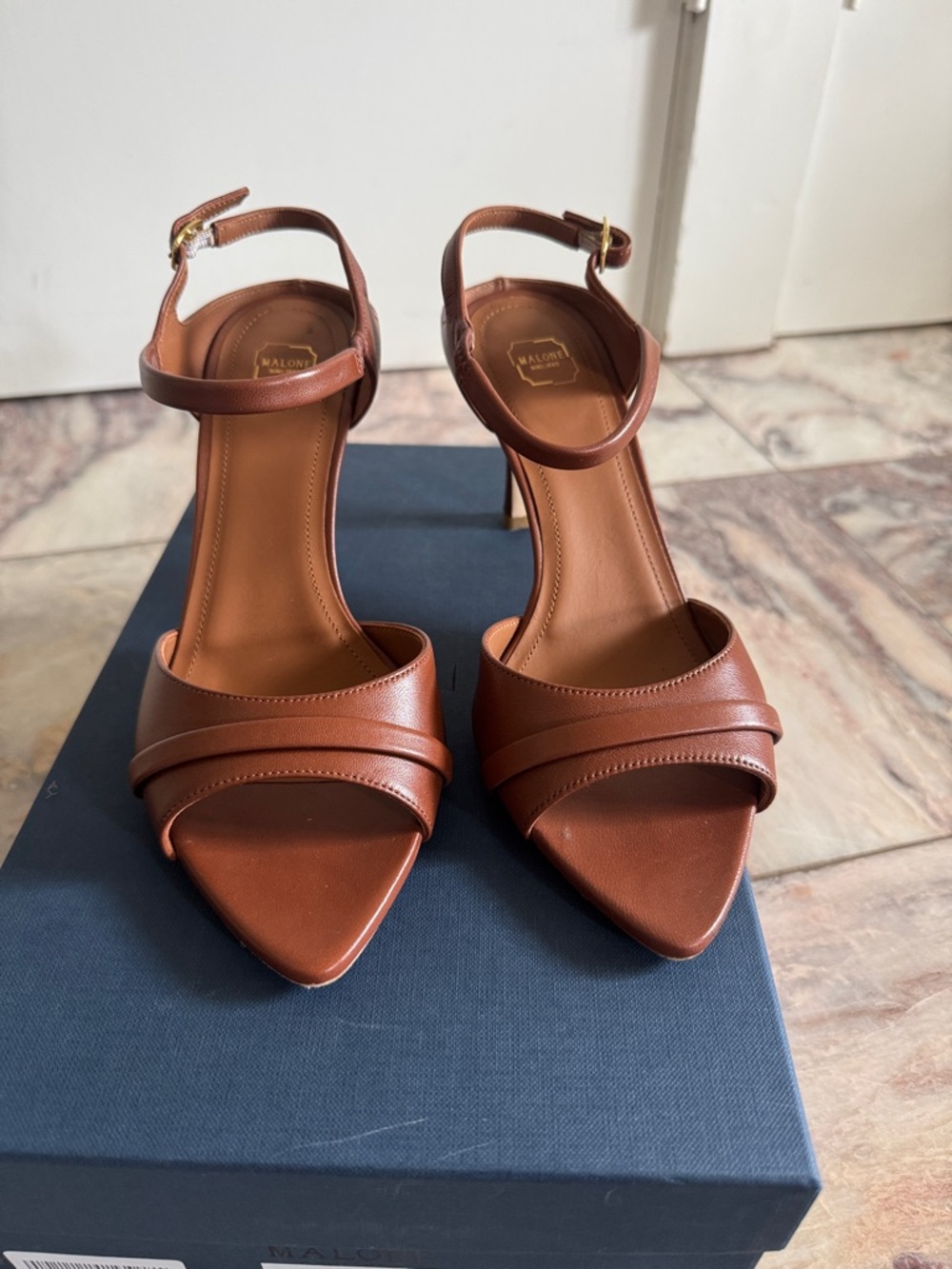 Malone Souliers Tan Leather Strappy Pointed-Toe Heels